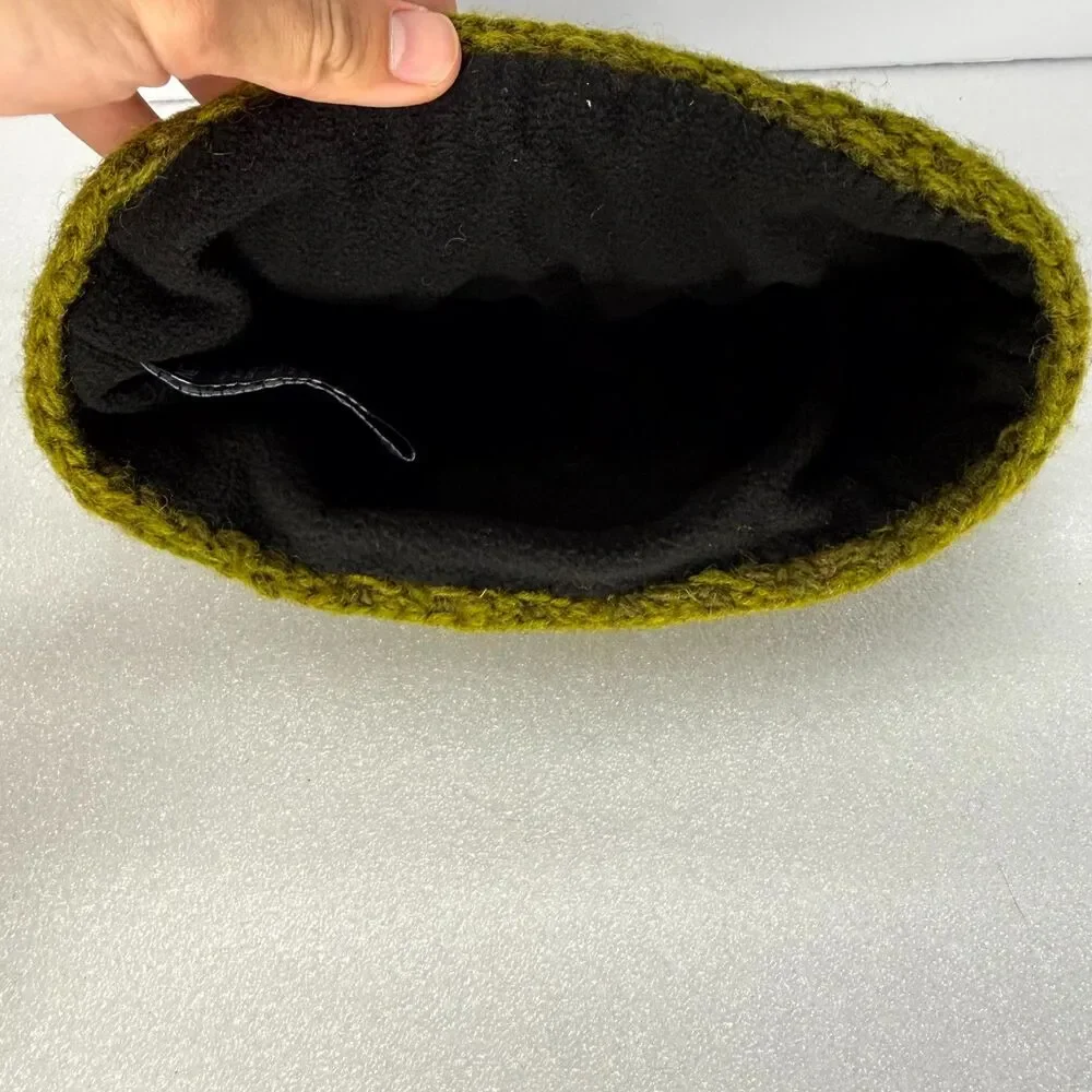 Newari Icelandic Beanie Hat Womens Olive Green Wool Fleece Lined Hand Knit Boho